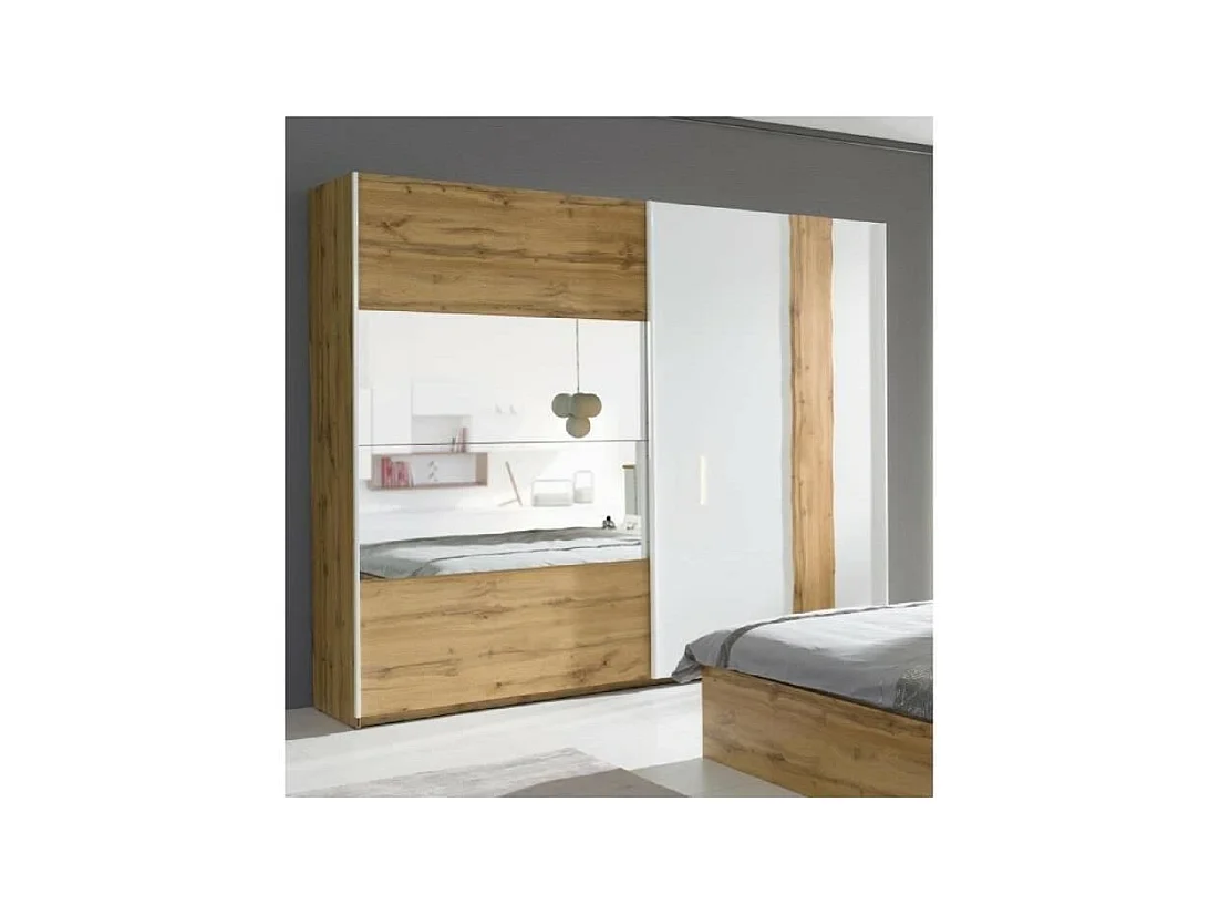 Armario Wood de 2 puertas correderas con espejo, color roble y blanco.