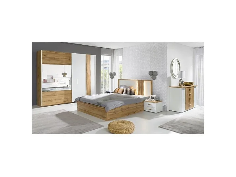 Armario Wood de 2 puertas correderas con espejo, color roble y blanco.