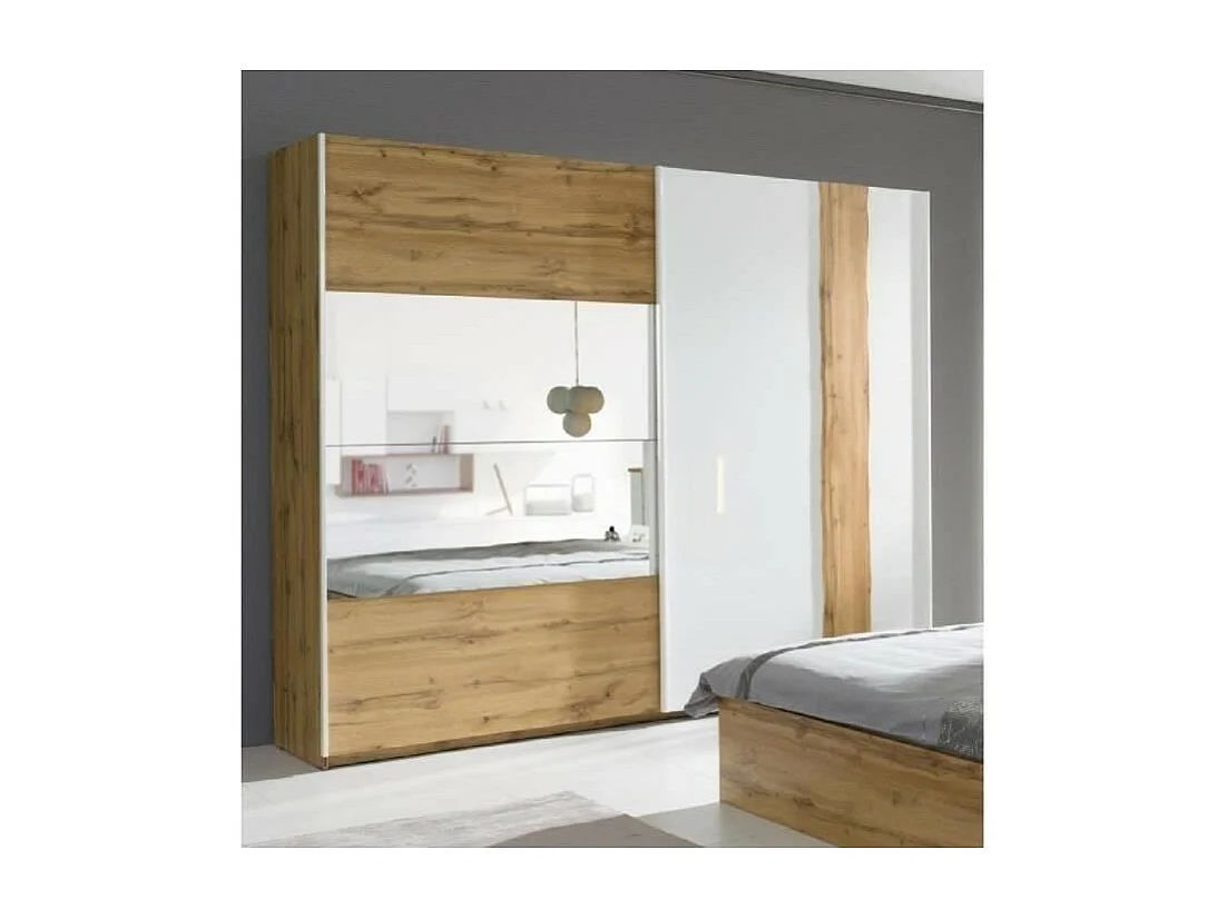 Armadio Wood a 2 porte scorrevoli con specchio, colore rovere e bianco