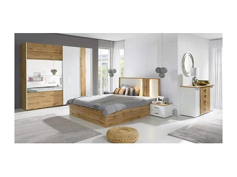 Armadio Wood a 2 porte scorrevoli con specchio, colore rovere e bianco