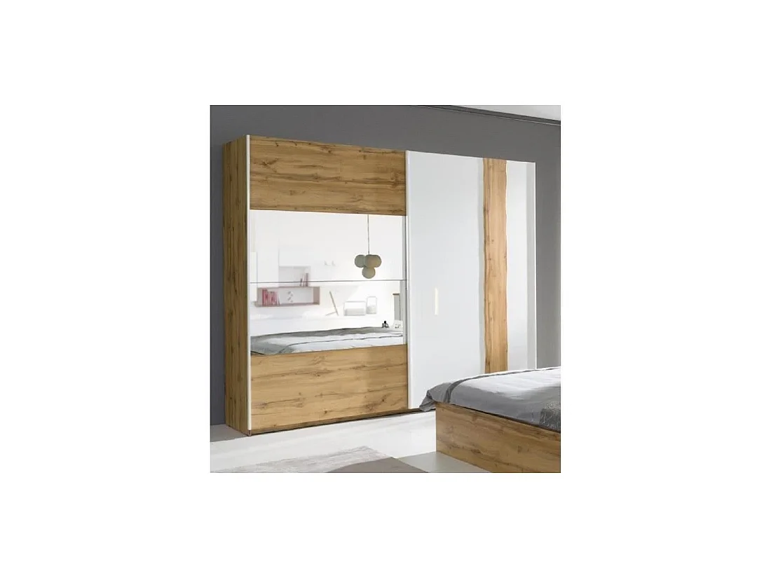 Kledingkast Wood met 2 schuifdeuren en spiegel, in eiken en wit kleur