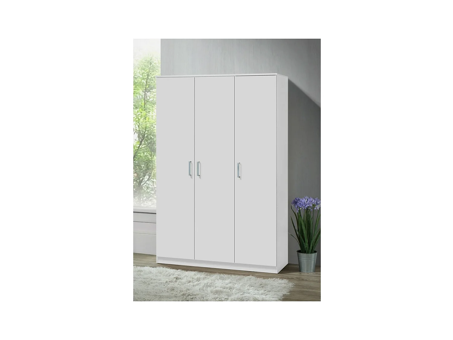 Guarda-roupa BURDUR, 3 portas, contemporâneo branco com puxadores cinzentos.