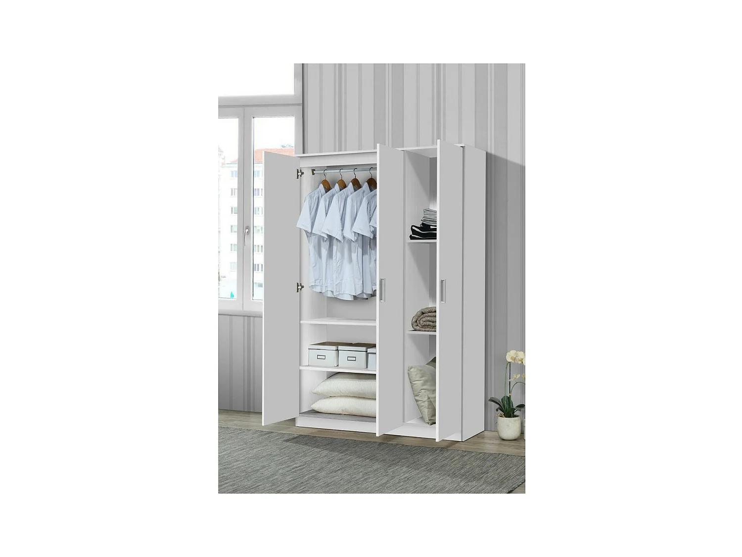 Guarda-roupa BURDUR, 3 portas, contemporâneo branco com puxadores cinzentos.