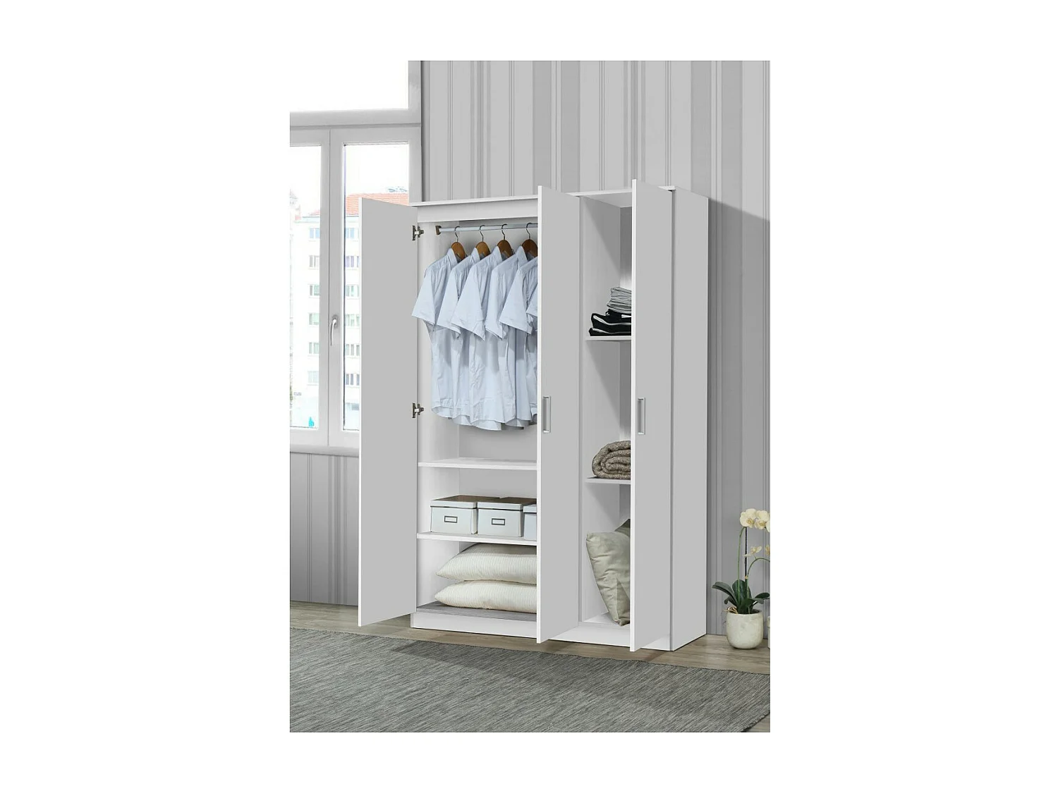 Armoire BURDUR 3 portes – Chêne blanc & gris – Style contemporain – L120 x H184 x P52 cm