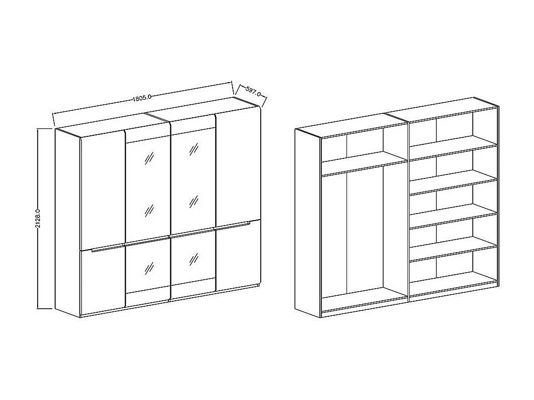 Armário design com 4 portas e 2 espelhos na cor branca com acabamentos brilhantes - LUCIA