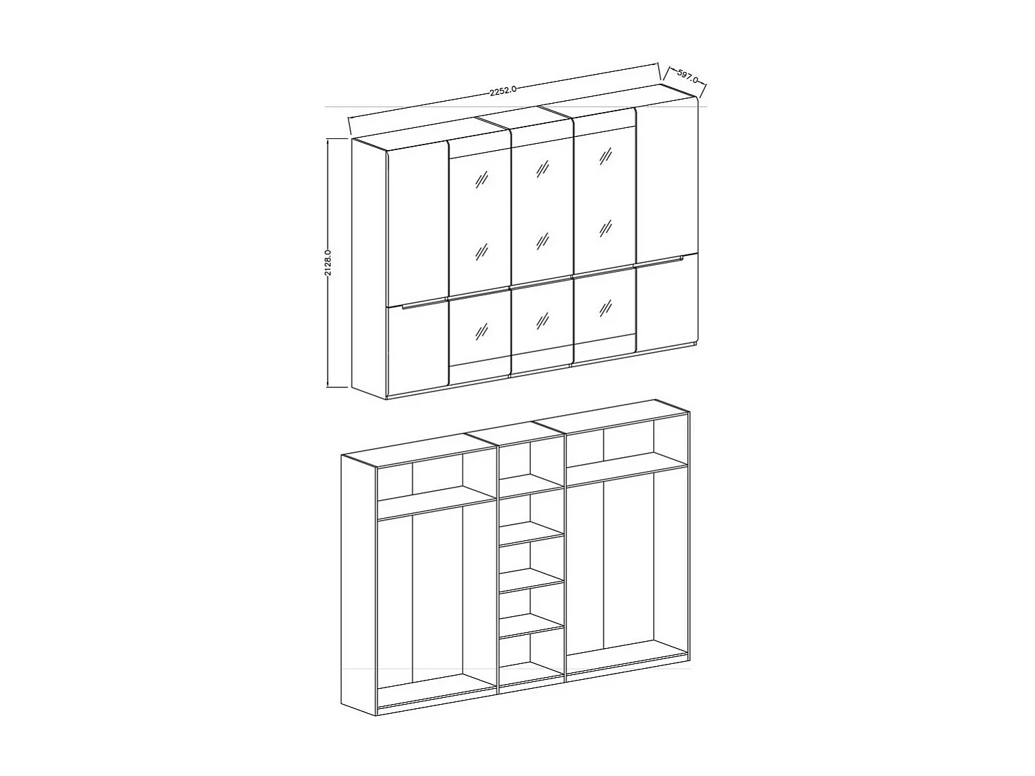 Armoire design 5 portes et 3 miroirs couleur blanche finitions glossy - LUCIA