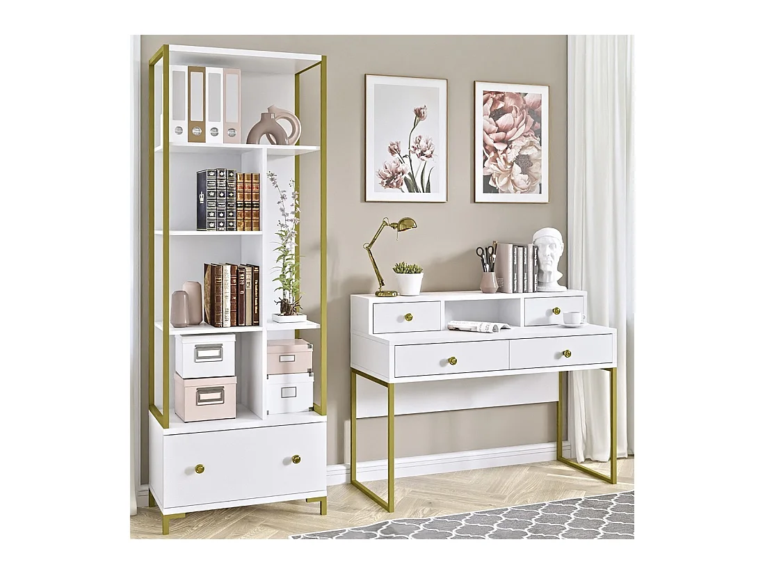 Set van 2 kantoormeubelen. Console en rek uit de DOUGLAS collectie, wit en goudkleurig.