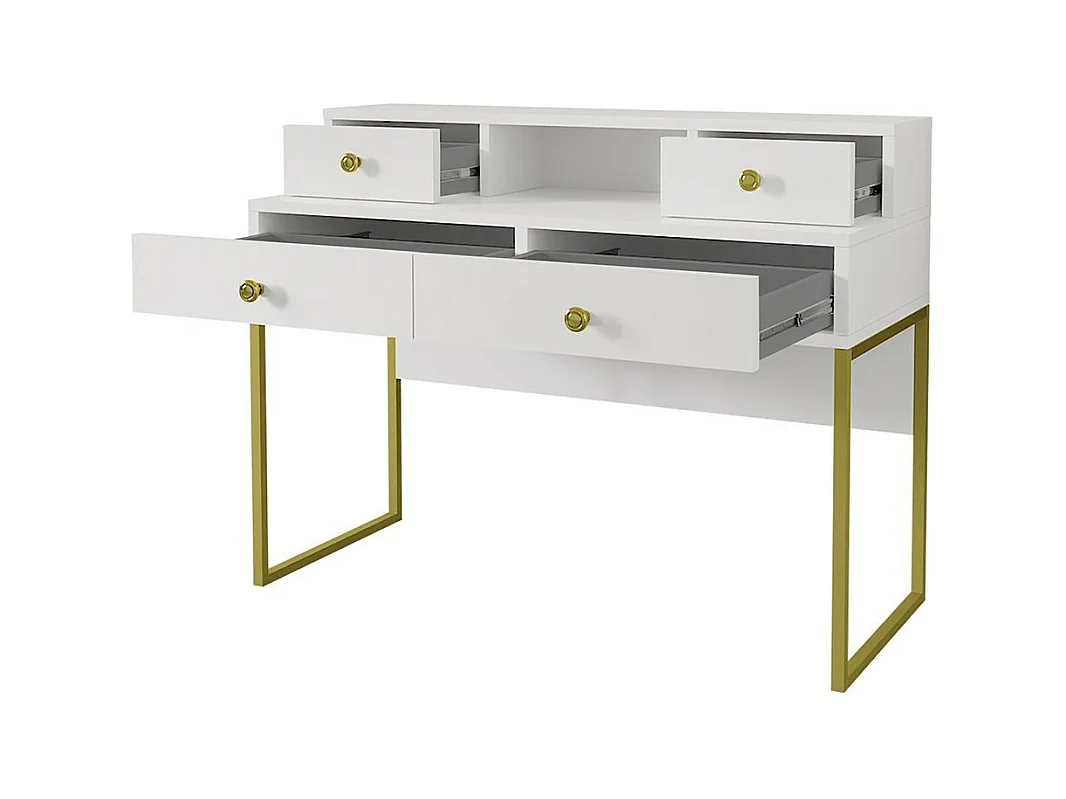 Set van 2 kantoormeubelen. Console en rek uit de DOUGLAS collectie, wit en goudkleurig.