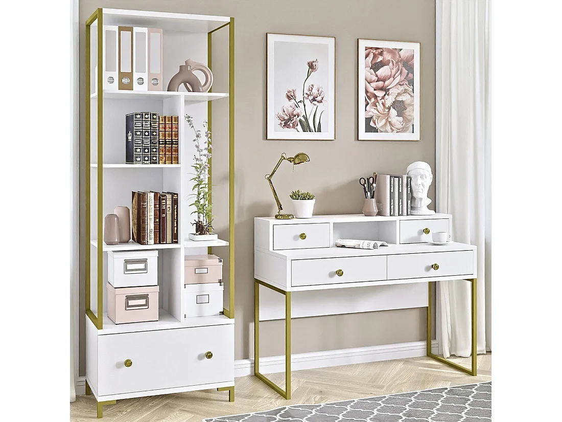 Conjunto de 2 muebles de oficina. Consola y estantería colección DOUGLAS en color blanco y dorado.