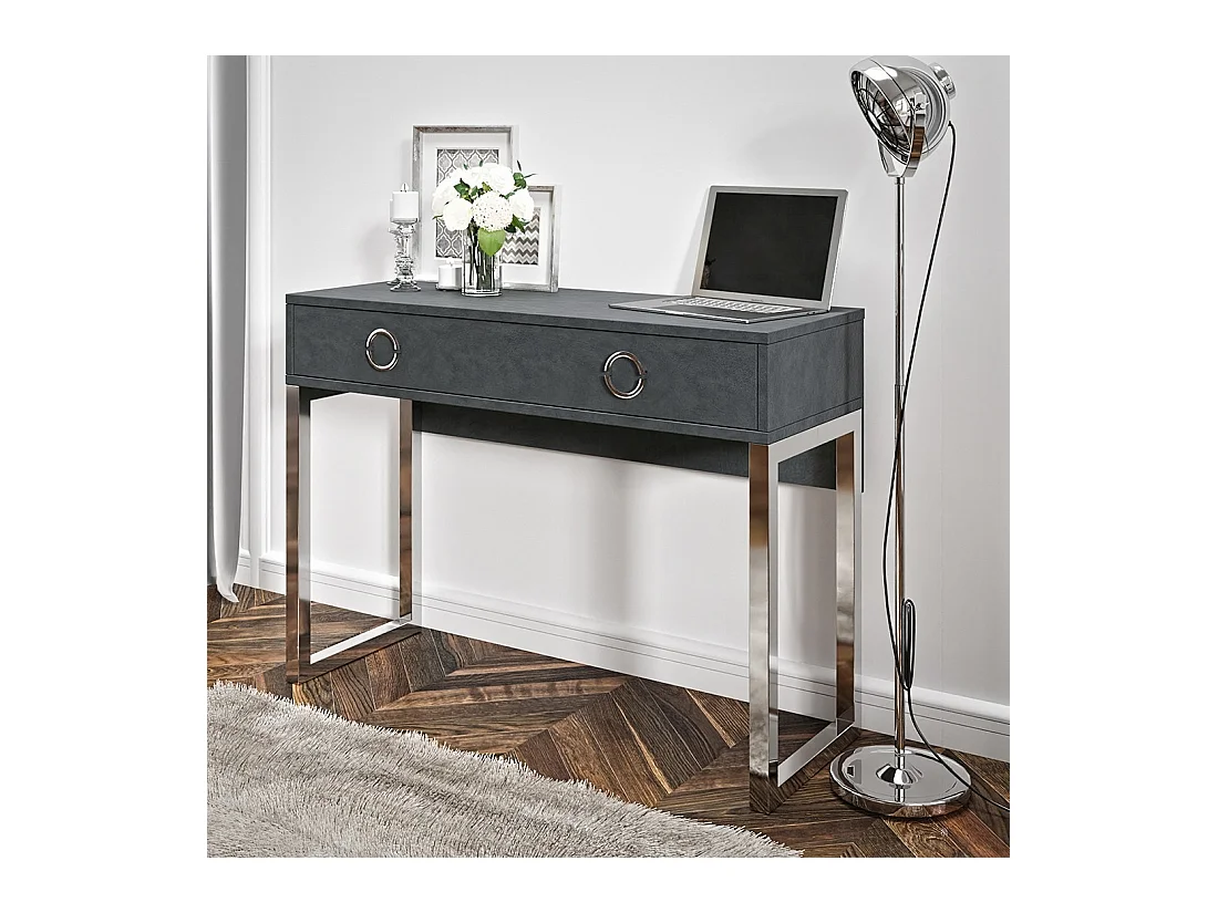 Bureau console avec 2 tiroirs collection MELTON, coloris gris, pieds en fer chromés