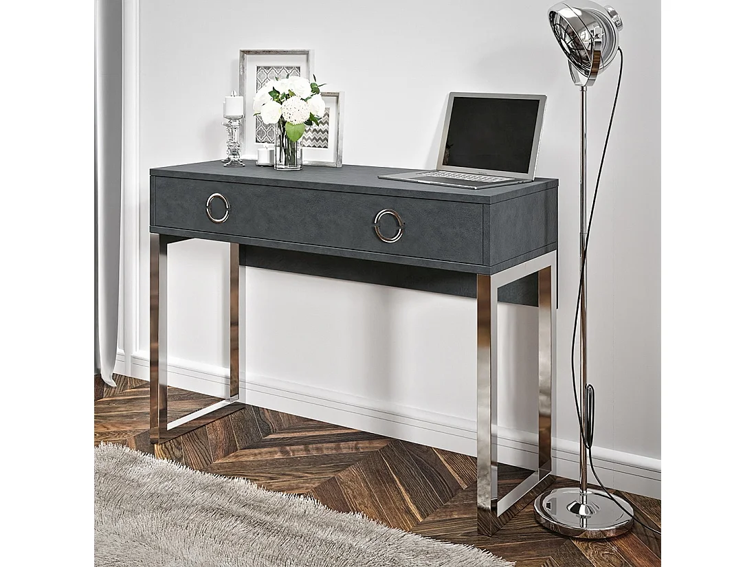Bureau console avec 2 tiroirs collection MELTON, coloris gris, pieds en fer chromés