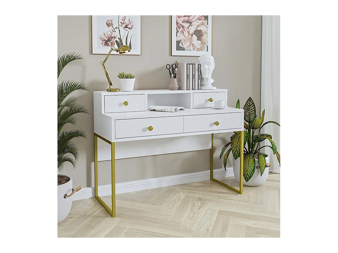 Design bureauconsole uit de DOUGLAS collectie met vier laden en een nis, in de kleur wit, 120 x 95 x 50 cm