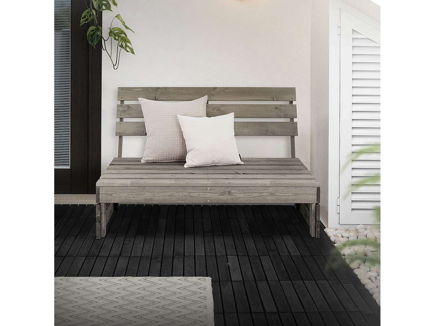 Banc de jardin 3 places avec dossier haut, gris, en bois massif, 120x76,5x70 cm, robuste et résistant aux intempéries, mobilier pour balcon terrasse