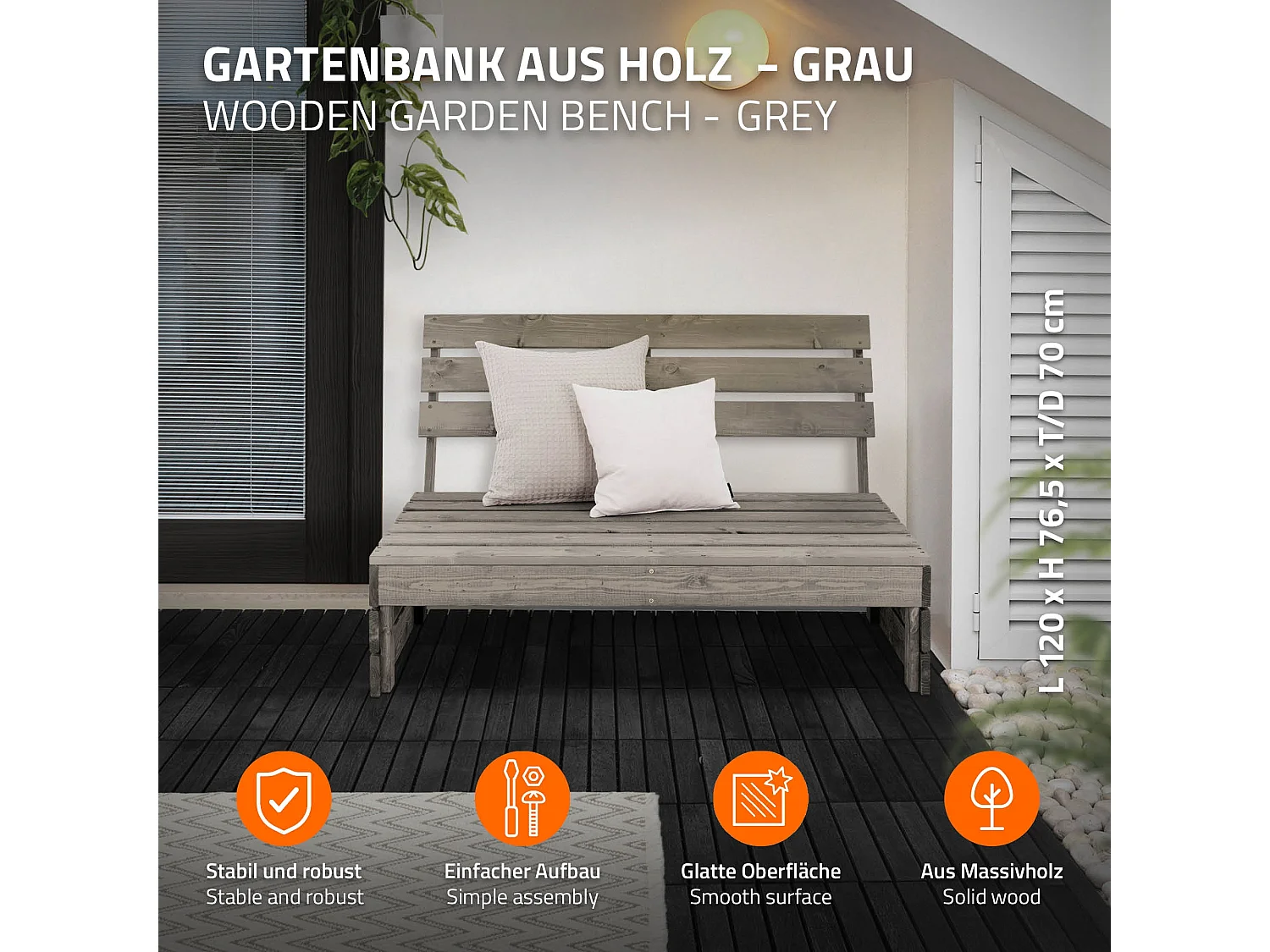 Banc de jardin 3 places avec dossier haut, gris, en bois massif, 120x76,5x70 cm, robuste et résistant aux intempéries, mobilier pour balcon terrasse