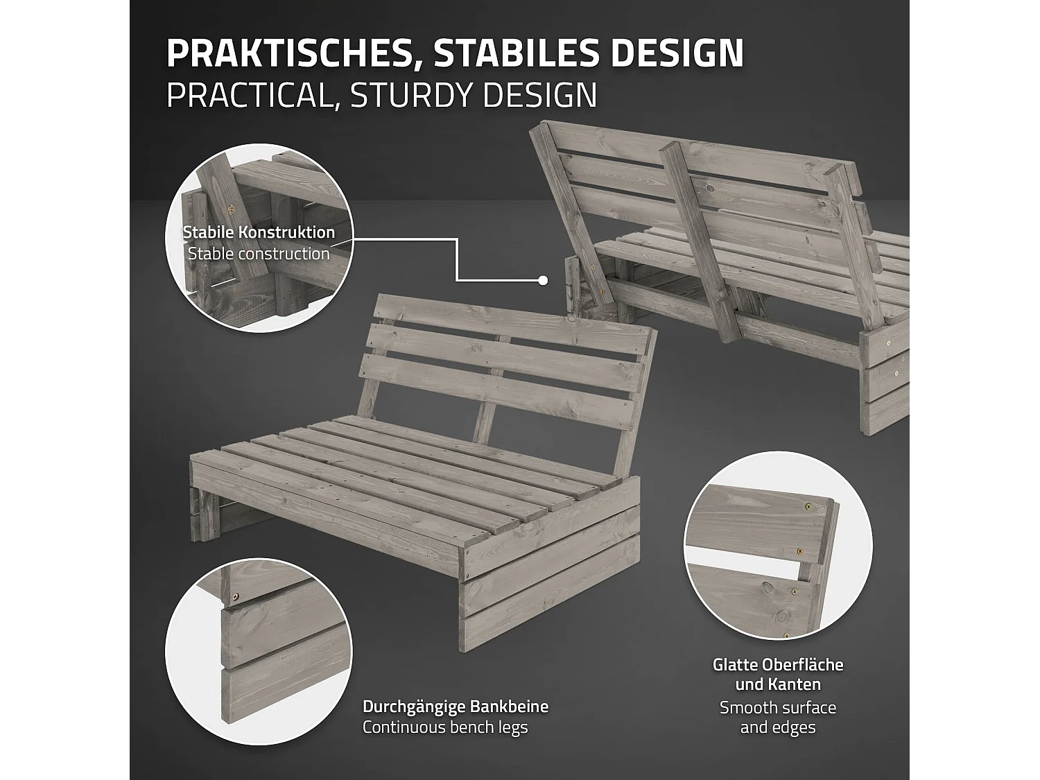 Banc de jardin 3 places avec dossier haut, gris, en bois massif, 120x76,5x70 cm, robuste et résistant aux intempéries, mobilier pour balcon terrasse