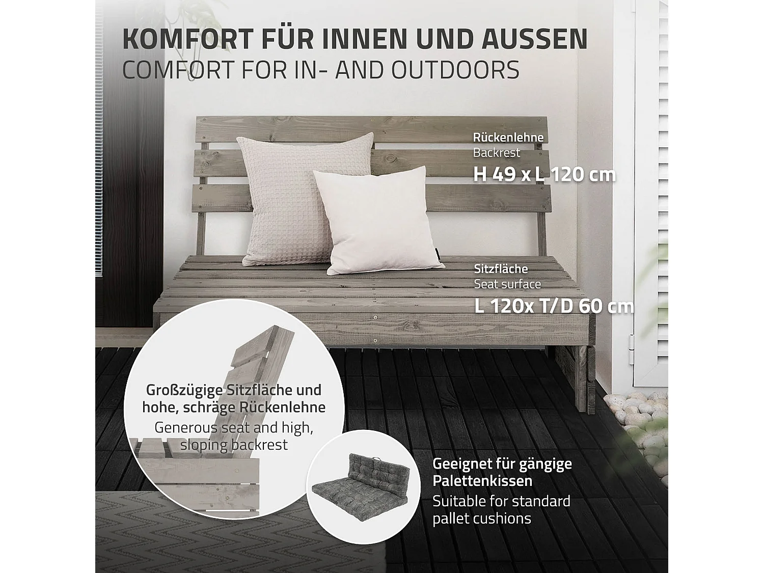 Banc de jardin 3 places avec dossier haut, gris, en bois massif, 120x76,5x70 cm, robuste et résistant aux intempéries, mobilier pour balcon terrasse