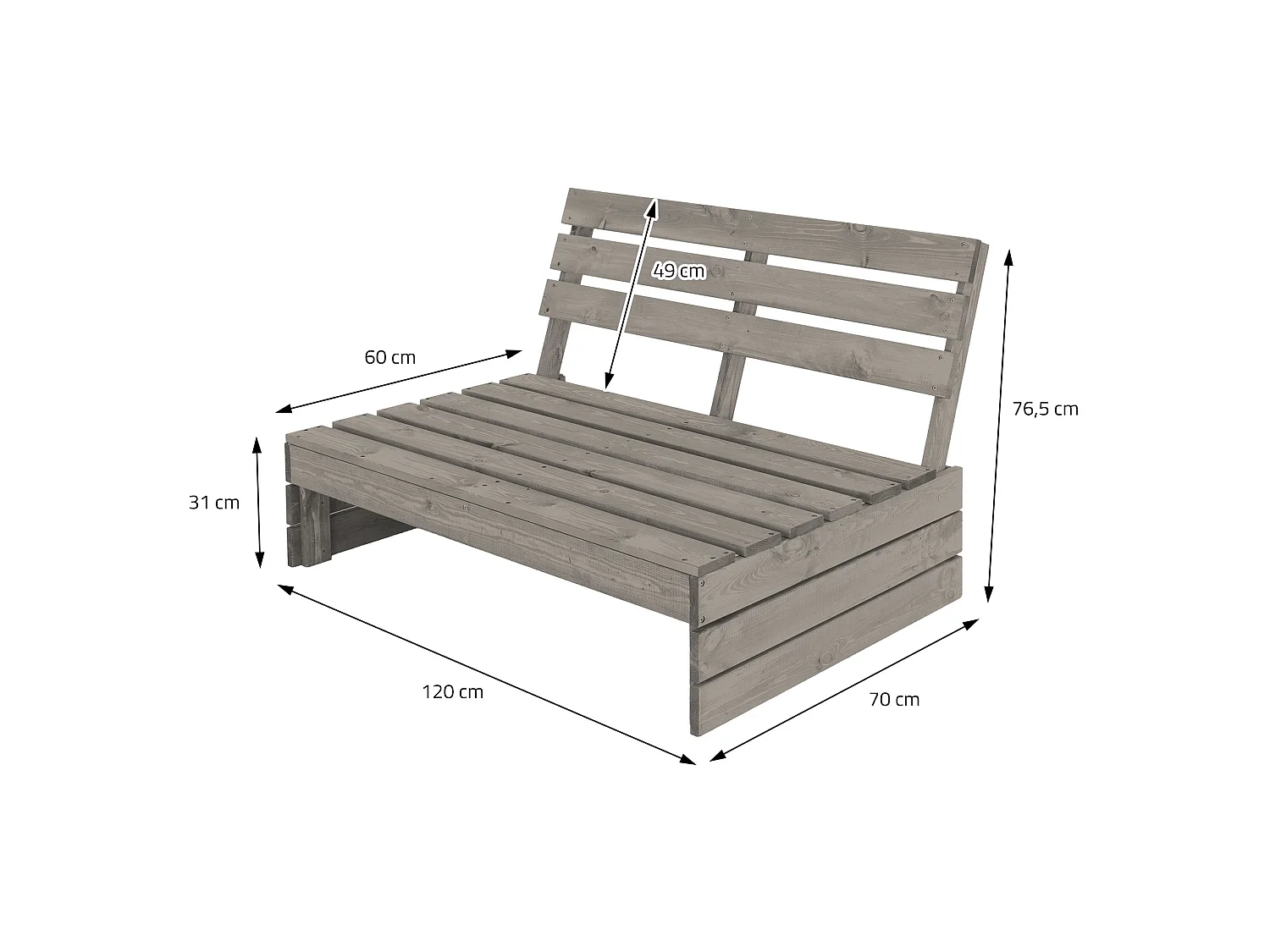 Banc de jardin 3 places avec dossier haut, gris, en bois massif, 120x76,5x70 cm, robuste et résistant aux intempéries, mobilier pour balcon terrasse