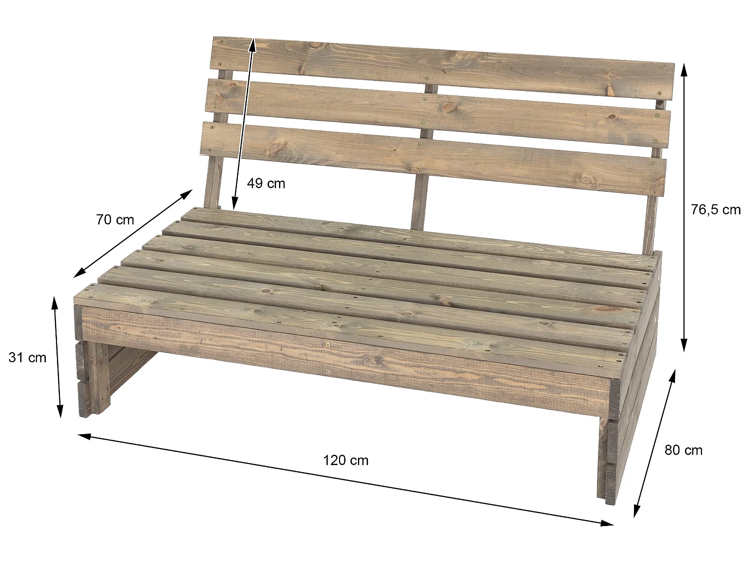 Banc de jardin bois massif de pin/épicéa 3 places dossier haut 120cm ECD Germany