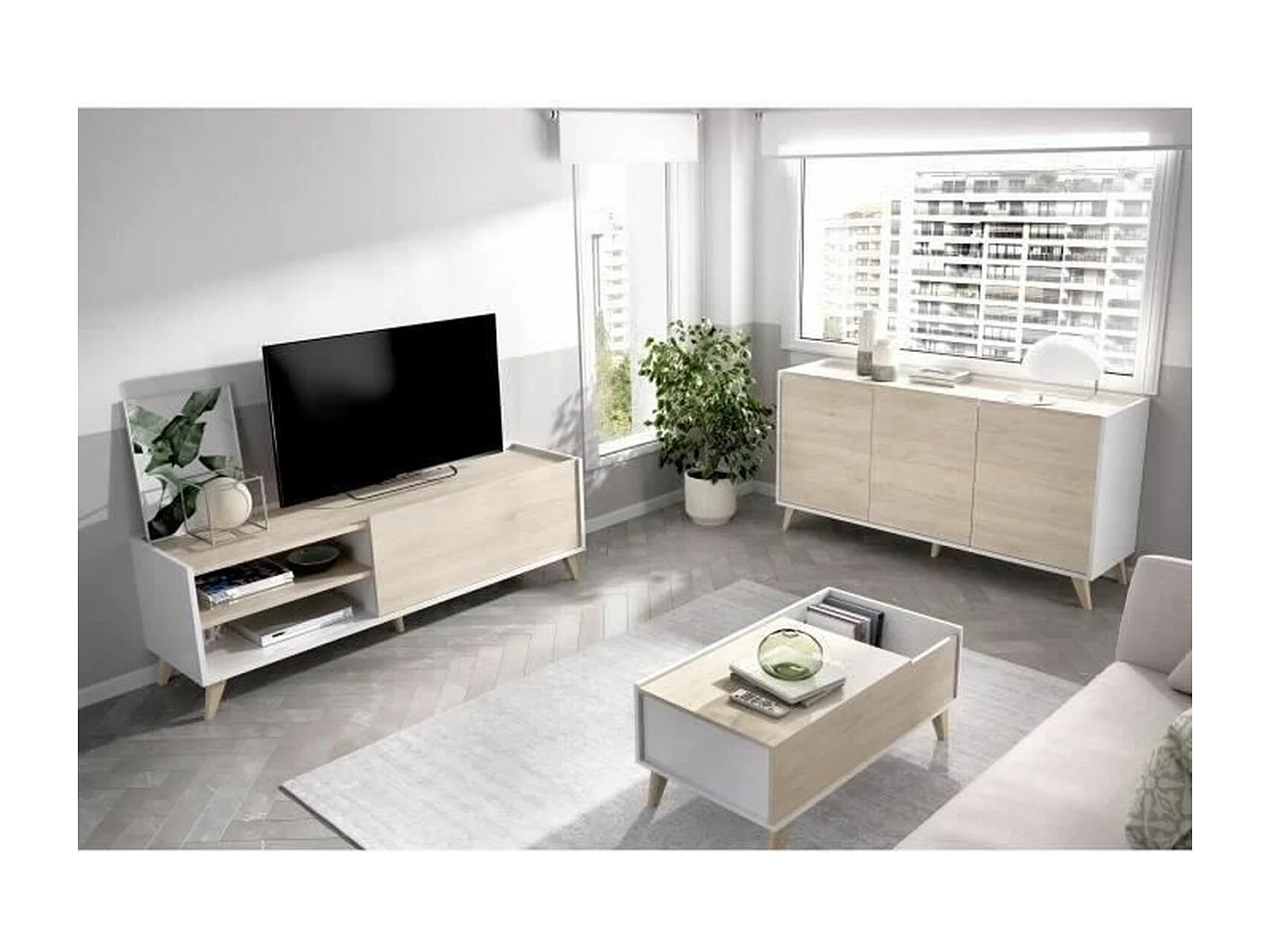 Ensemble meuble TV table basse buffet - Mélaminé - Style scandinave - chêne et blanc