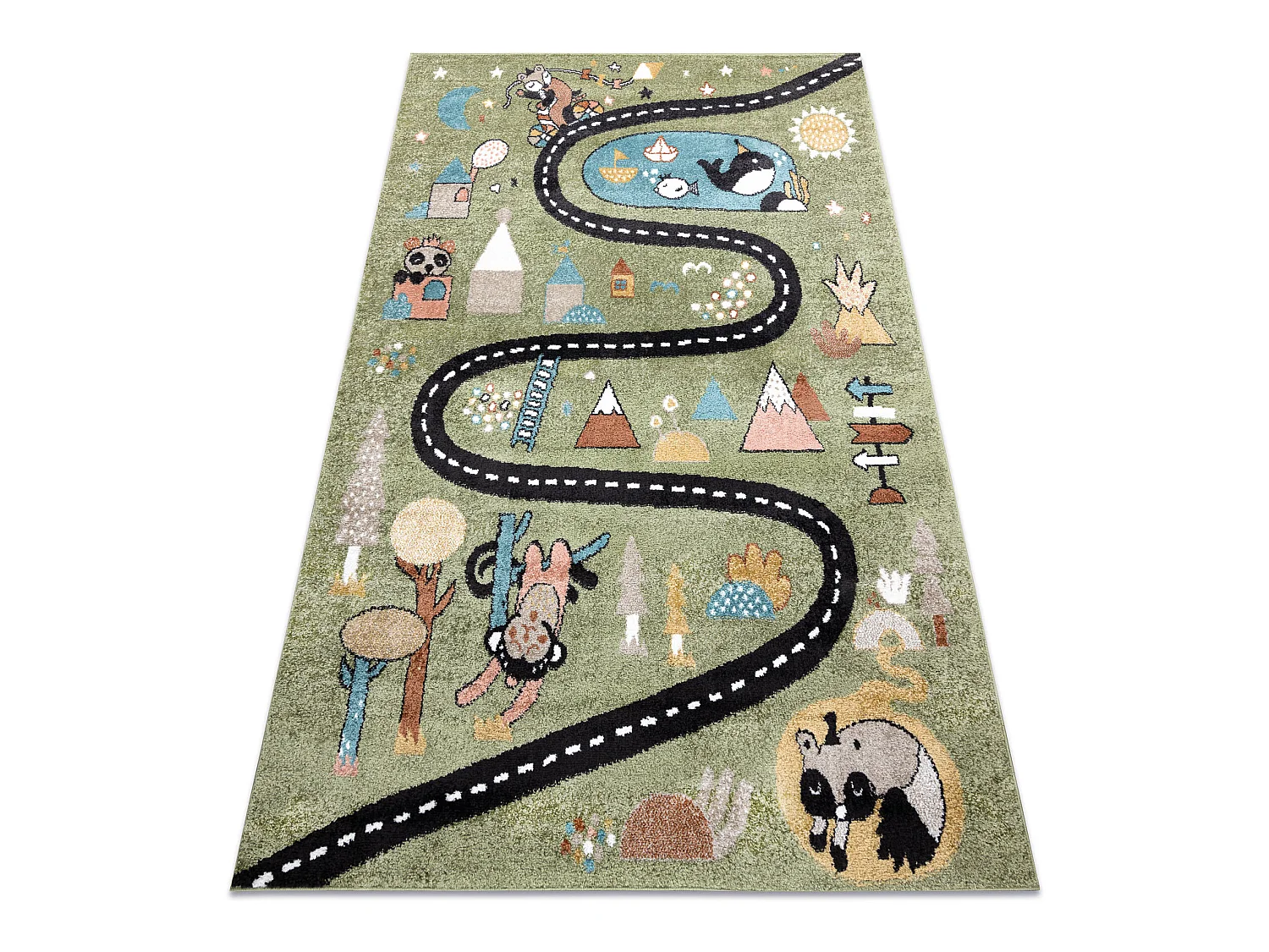 Tapijt FUN Route voor kinderen, straat, dieren groen 120x170 cm