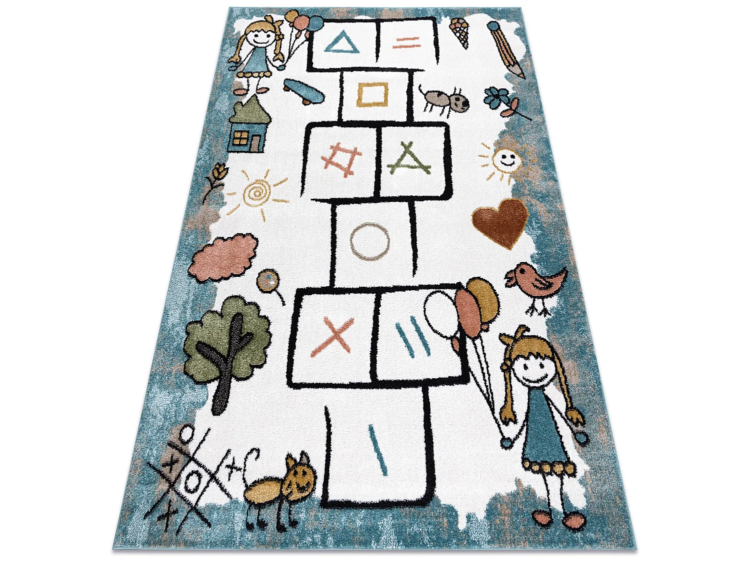 Tapijt FUN Hop voor kinderen, klassikaal spel, dieren blauw 120x170 cm