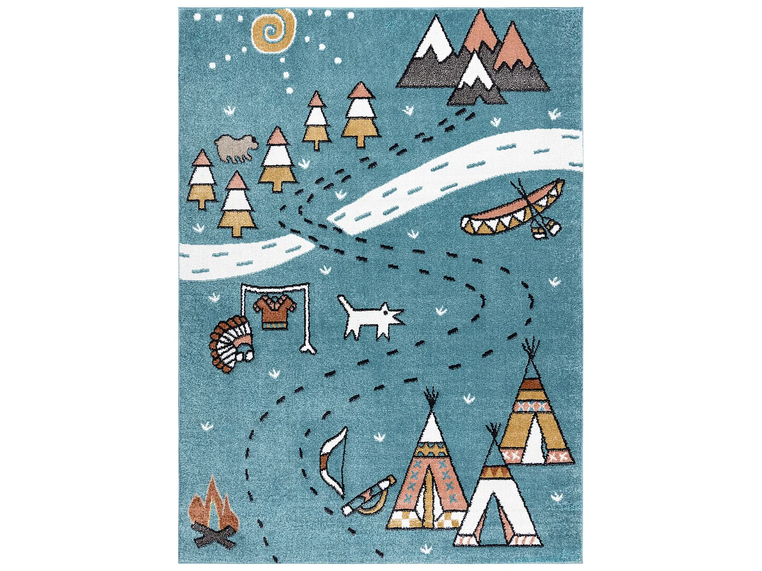 Teppich FUN Indian für Kinder, Indianerdorf, Tiere blau 180x270 cm