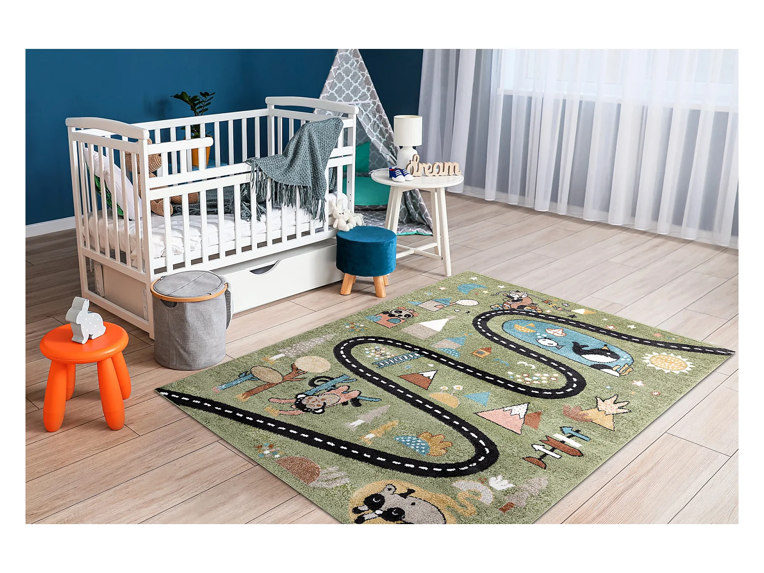 Tapijt FUN Route voor kinderen, straat, dieren groen 80x150 cm