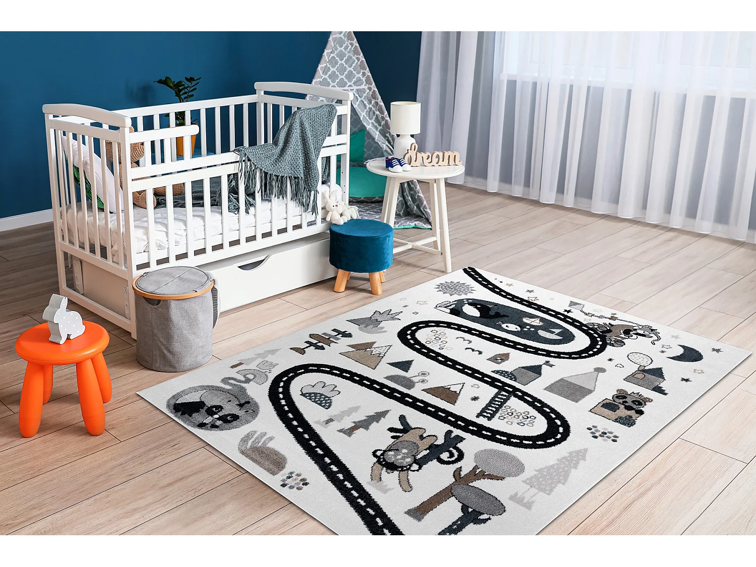 Tapijt FUN Route voor kinderen, straat, dieren crème 180x270 cm