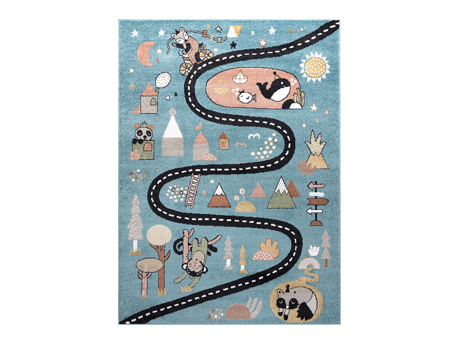 Tapijt FUN Route voor kinderen, straat, dieren blauw 120x170 cm