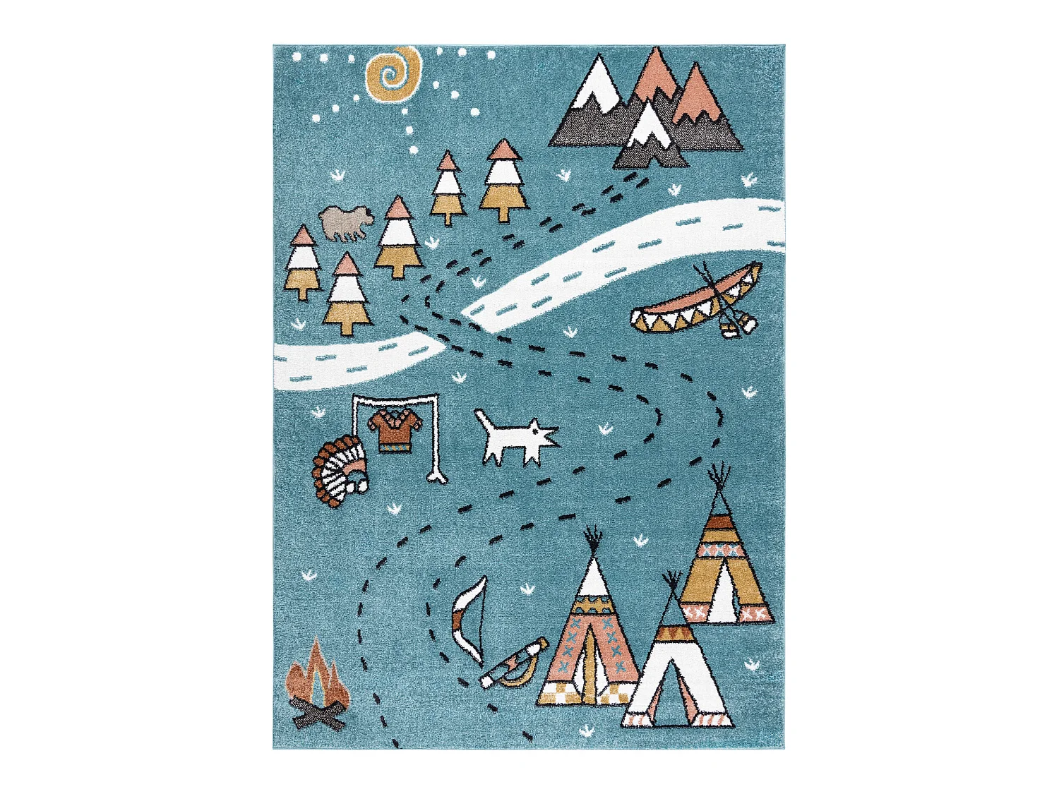 Teppich FUN Indian für Kinder, Indianerdorf, Tiere blau 280x370 cm