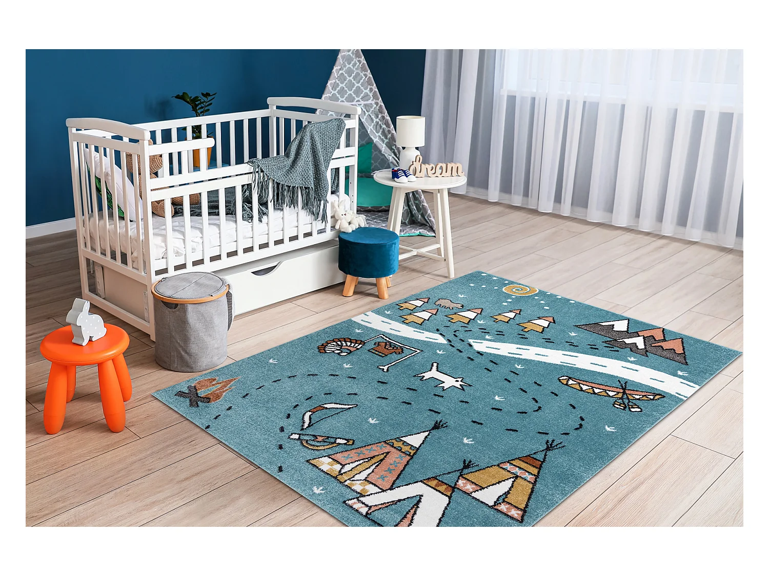 Teppich FUN Indian für Kinder, Indianerdorf, Tiere blau 280x370 cm