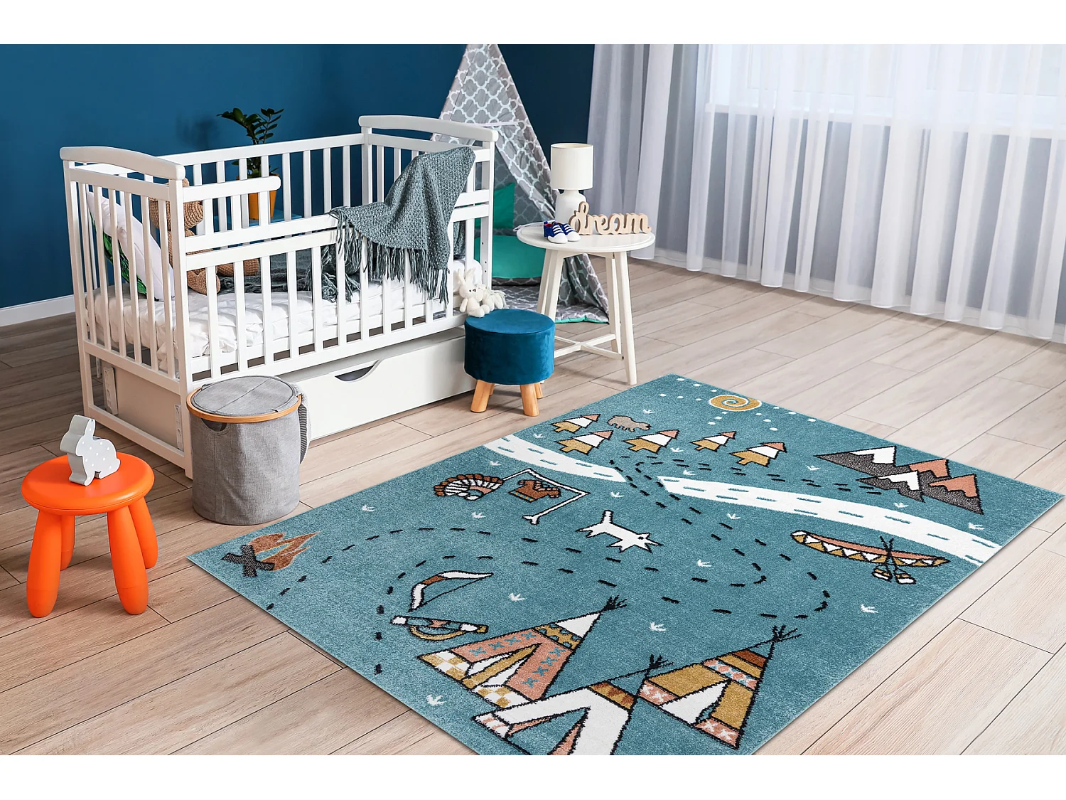 Tapis FUN Indian pour enfants, village indien, animaux bleu 280x370 cm