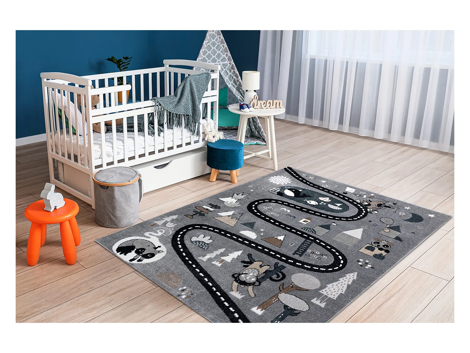 Tappeto FUN Route per bambini, strada, animali grigio 240x330 cm