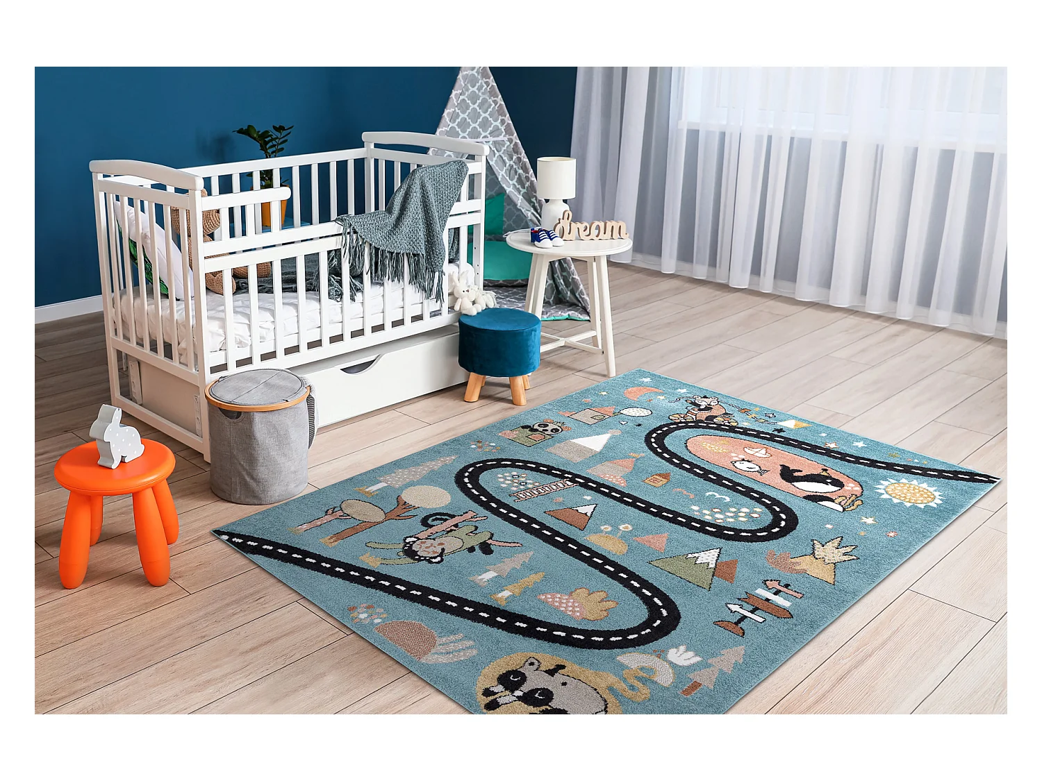 Tapijt FUN Route voor kinderen, straat, dieren blauw 180x270 cm