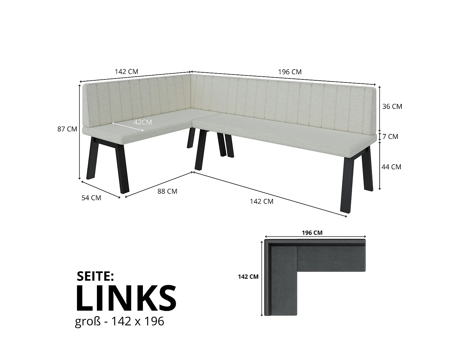 Banquette d’angle Akiko Metal A -142x196-Gauche-Soft33- Similicuir|Ensemble banquette d’angle|Cuisine|moderne|Coin salon|Coin repas