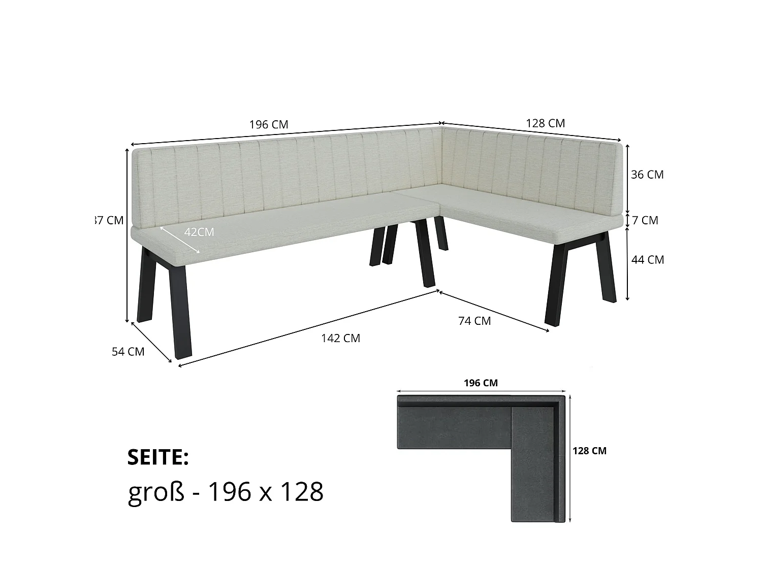Banquette d’angle Akiko Metal A -196x128-Droite-Soft33- Similicuir|Ensemble banquette d’angle|Cuisine|moderne|Coin salon|Coin repas