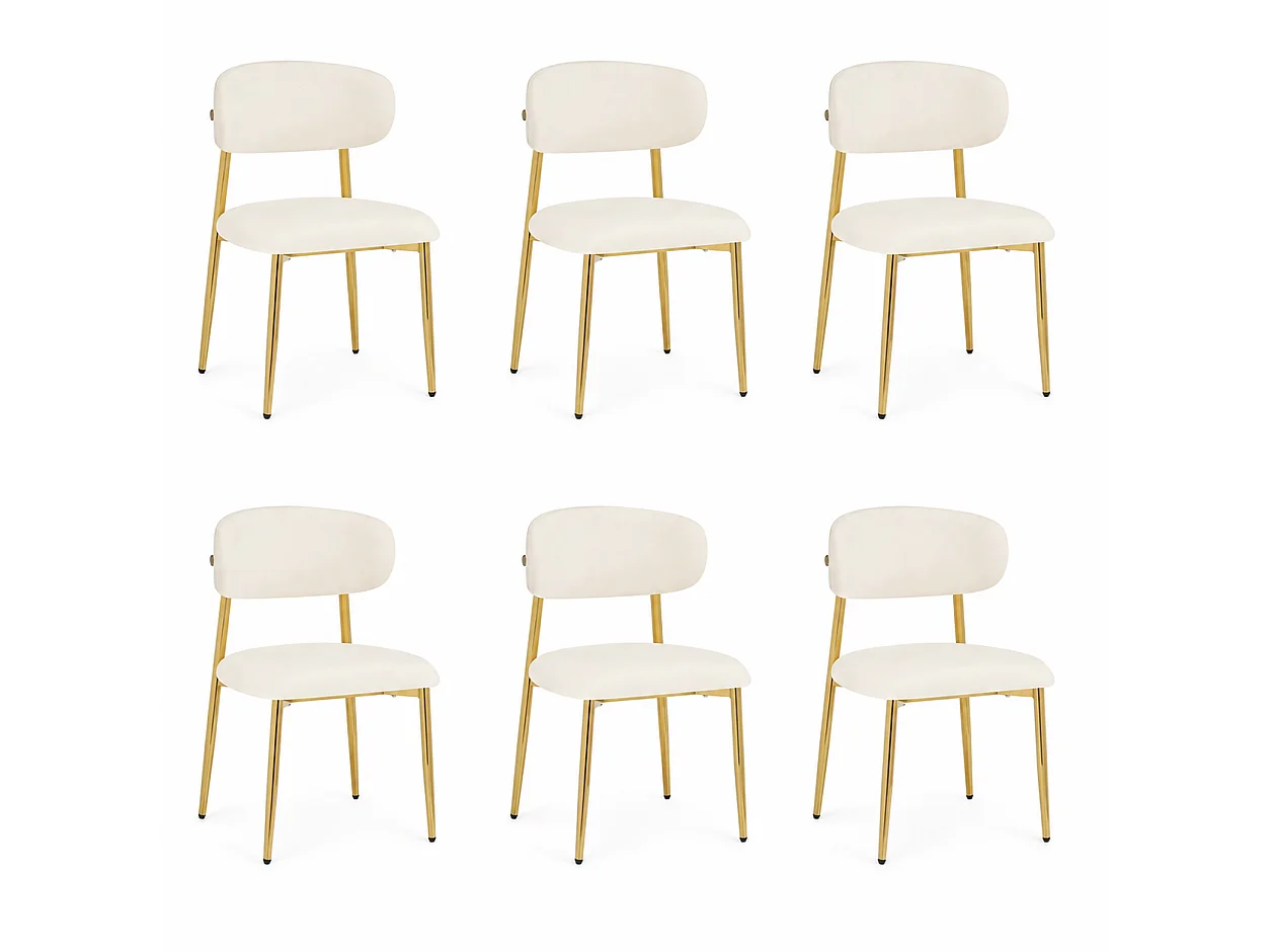 Lot de 6 Chaises de Salle à Manger Modernes 51x50x81cm - Chaises Rembourrées avec Piétement Doré, Charge 125kg, Style Élégant - Blanc et Doré