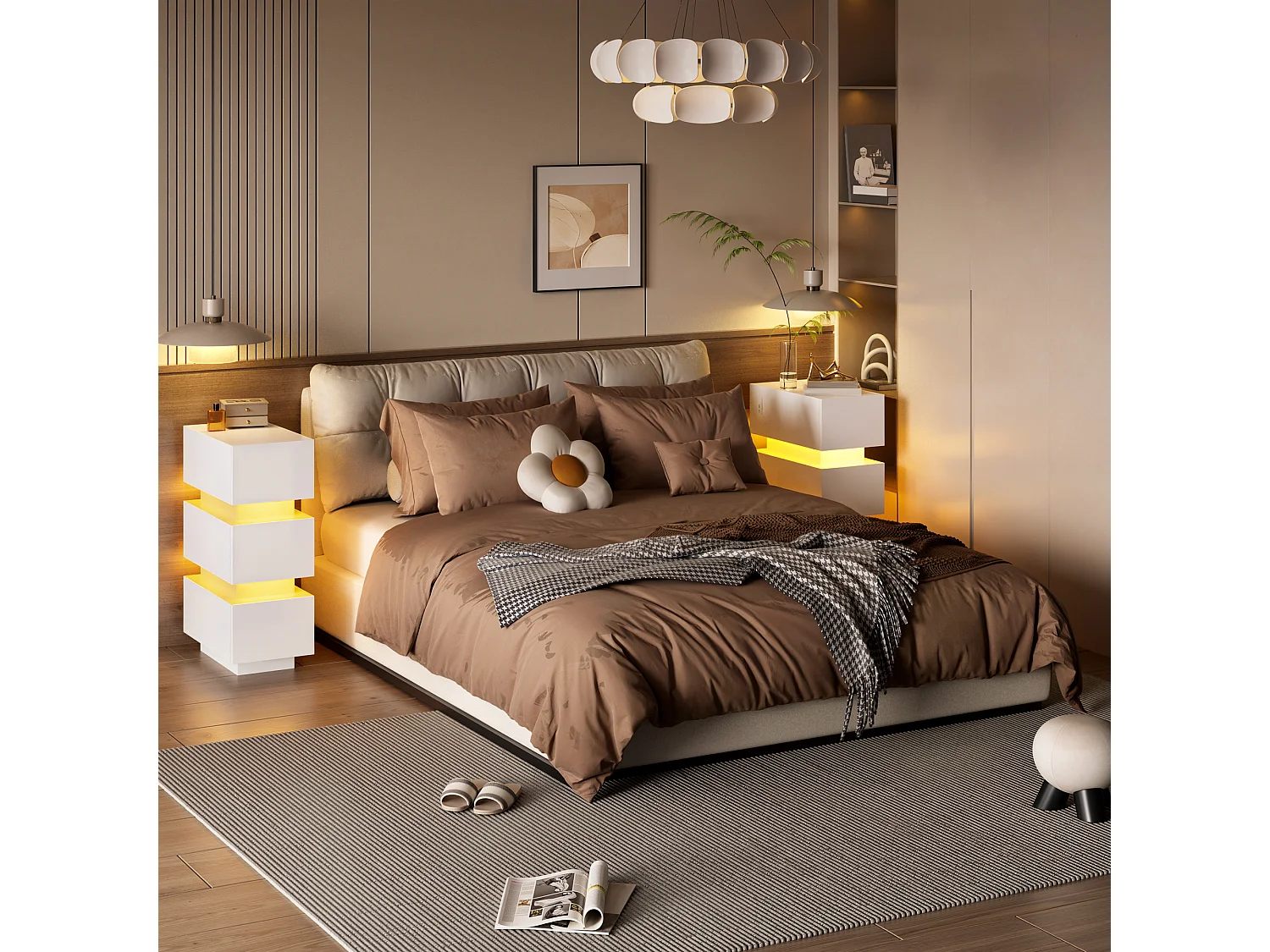 Sæt af 2 natborde 20 x 40 x 59,5 cm - med stikkontakt og LED-belysning - med 3 skuffer - hvid