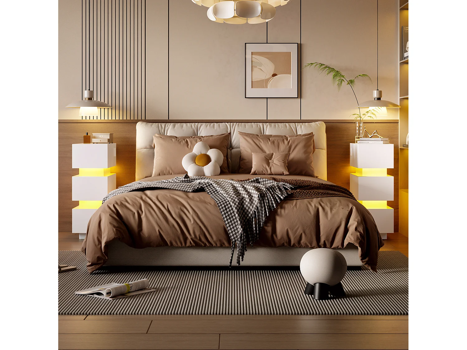 Sæt af 2 natborde 20 x 40 x 59,5 cm - med stikkontakt og LED-belysning - med 3 skuffer - hvid