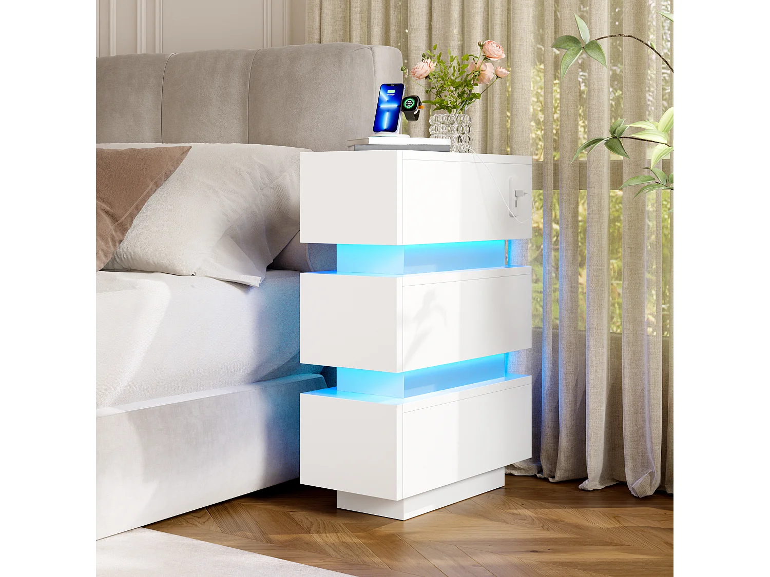 Sæt af 2 natborde 20 x 40 x 59,5 cm - med stikkontakt og LED-belysning - med 3 skuffer - hvid