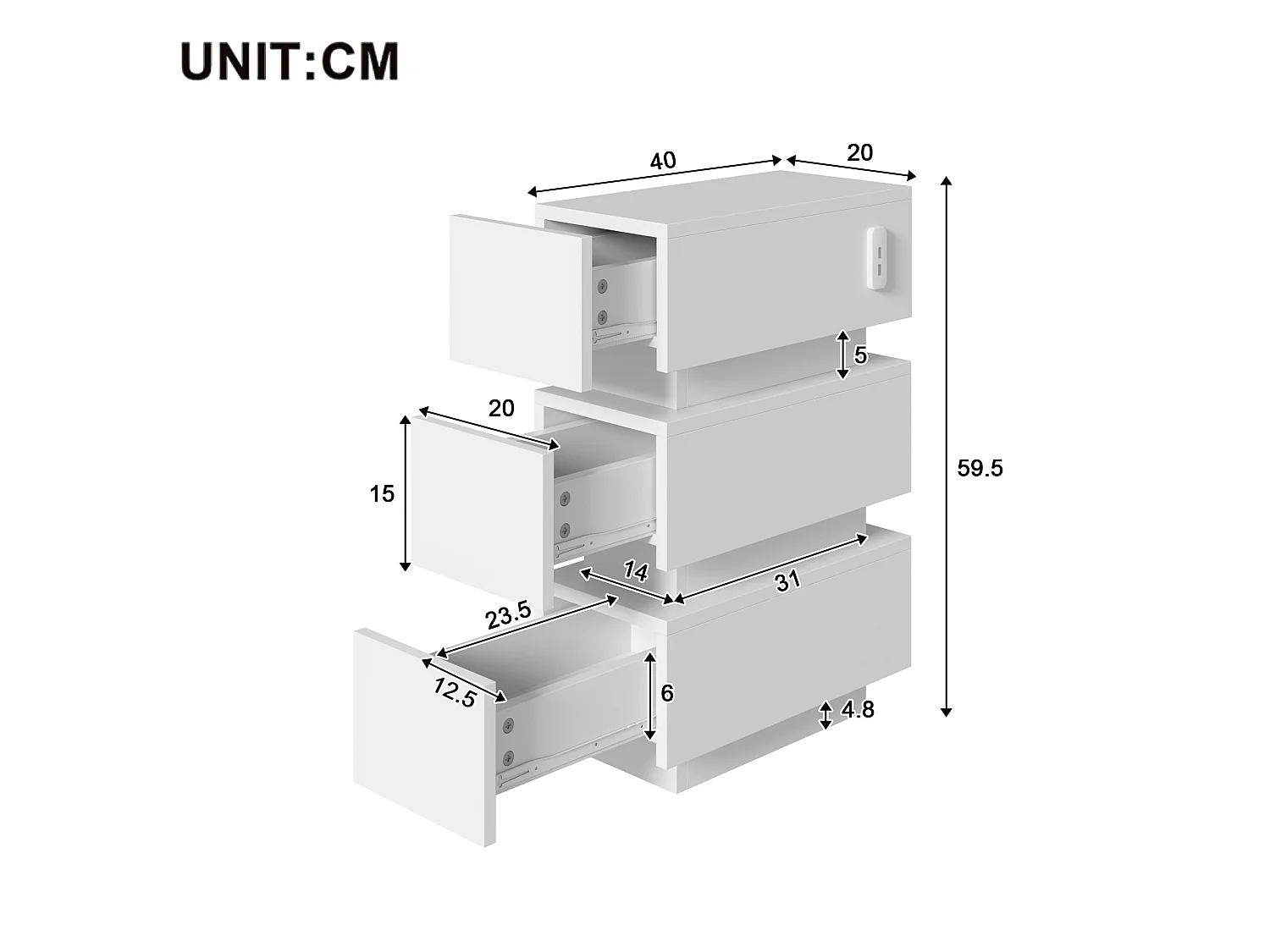 Sæt af 2 natborde 20 x 40 x 59,5 cm - med stikkontakt og LED-belysning - med 3 skuffer - hvid