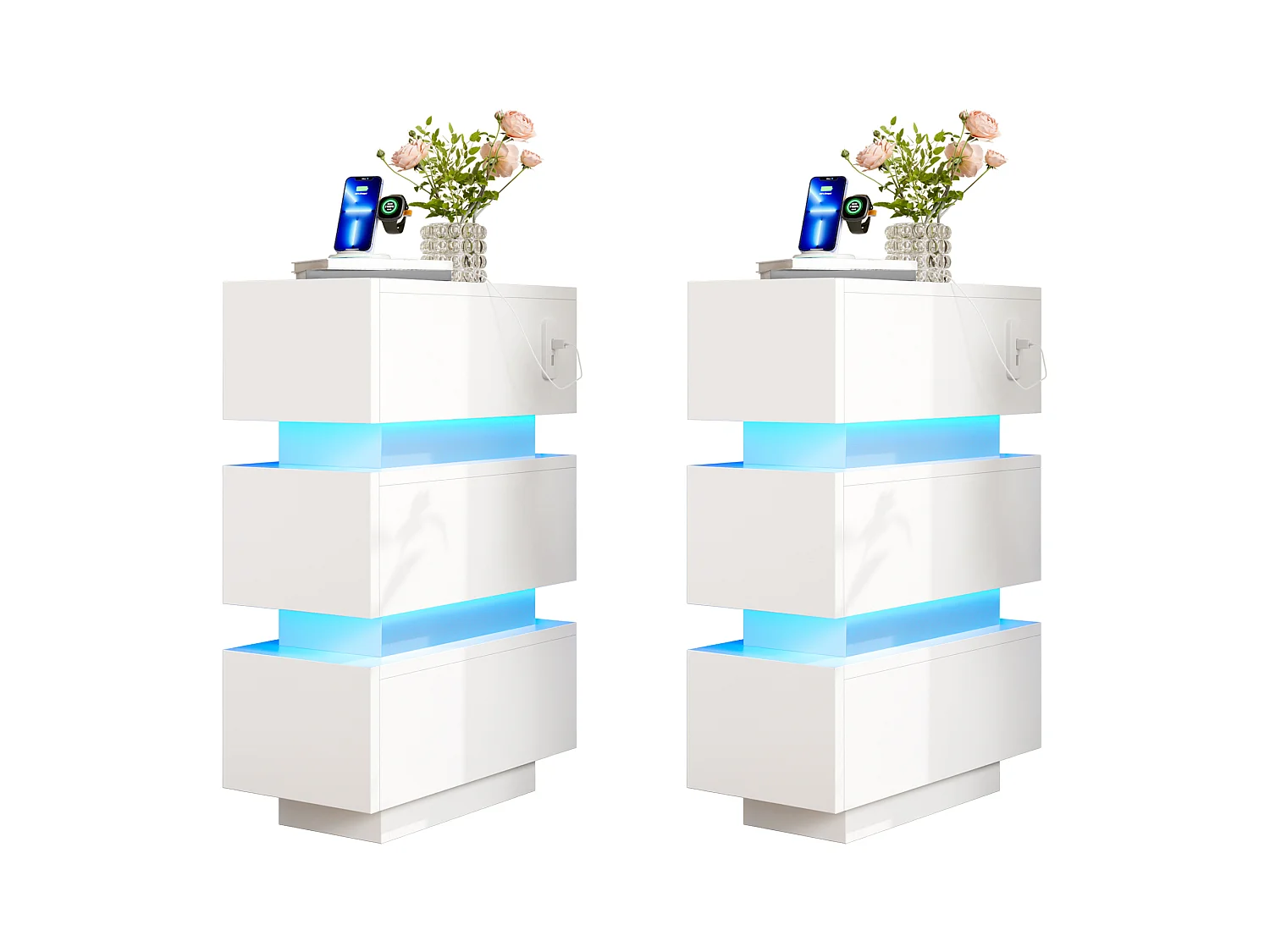 Sæt af 2 natborde 20 x 40 x 59,5 cm - med stikkontakt og LED-belysning - med 3 skuffer - hvid