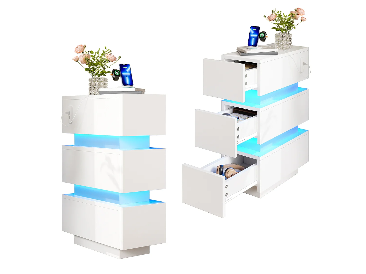 Sæt af 2 natborde 20 x 40 x 59,5 cm - med stikkontakt og LED-belysning - med 3 skuffer - hvid