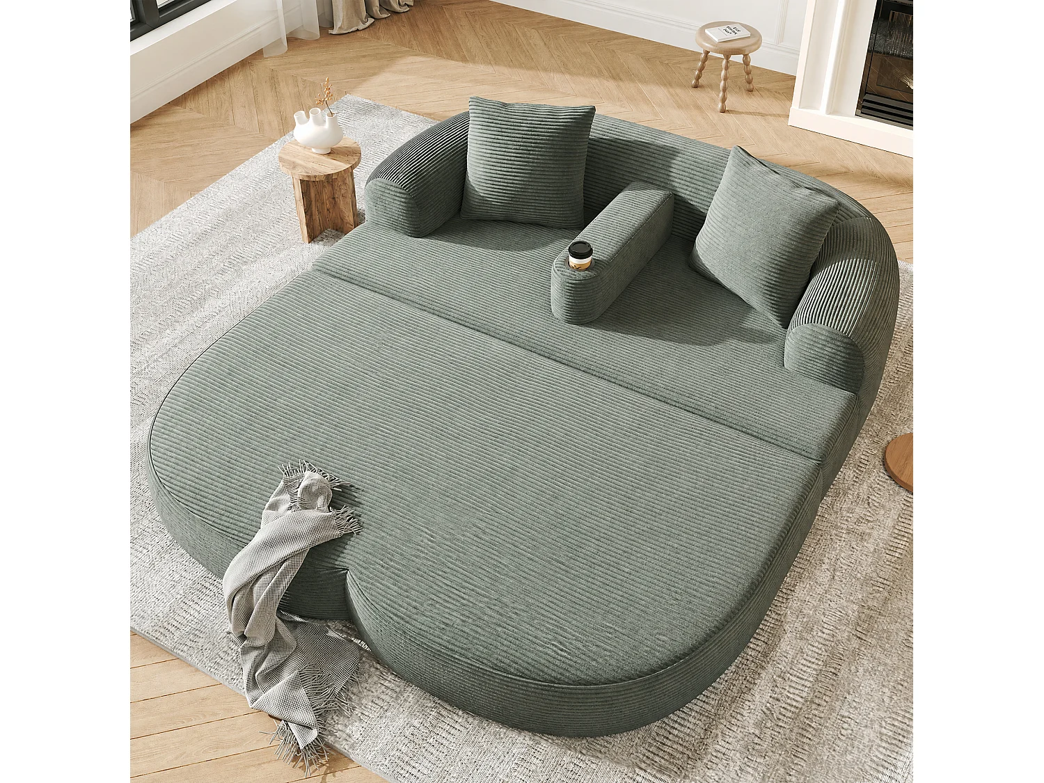 Canapé 2 plazas moderno de terciopelo acanalado - Canapé lounge plegable - Reposabrazos extraíbles con portavasos - Verde