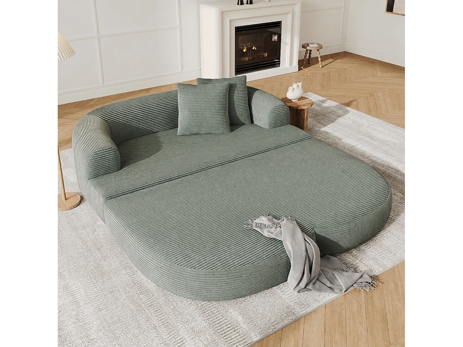 Canapé 2 plazas moderno de terciopelo acanalado - Canapé lounge plegable - Reposabrazos extraíbles con portavasos - Verde
