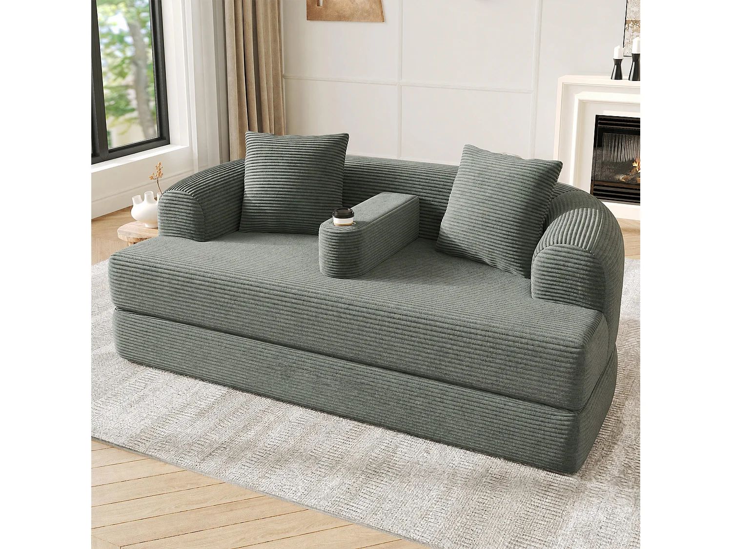Canapé 2 plazas moderno de terciopelo acanalado - Canapé lounge plegable - Reposabrazos extraíbles con portavasos - Verde
