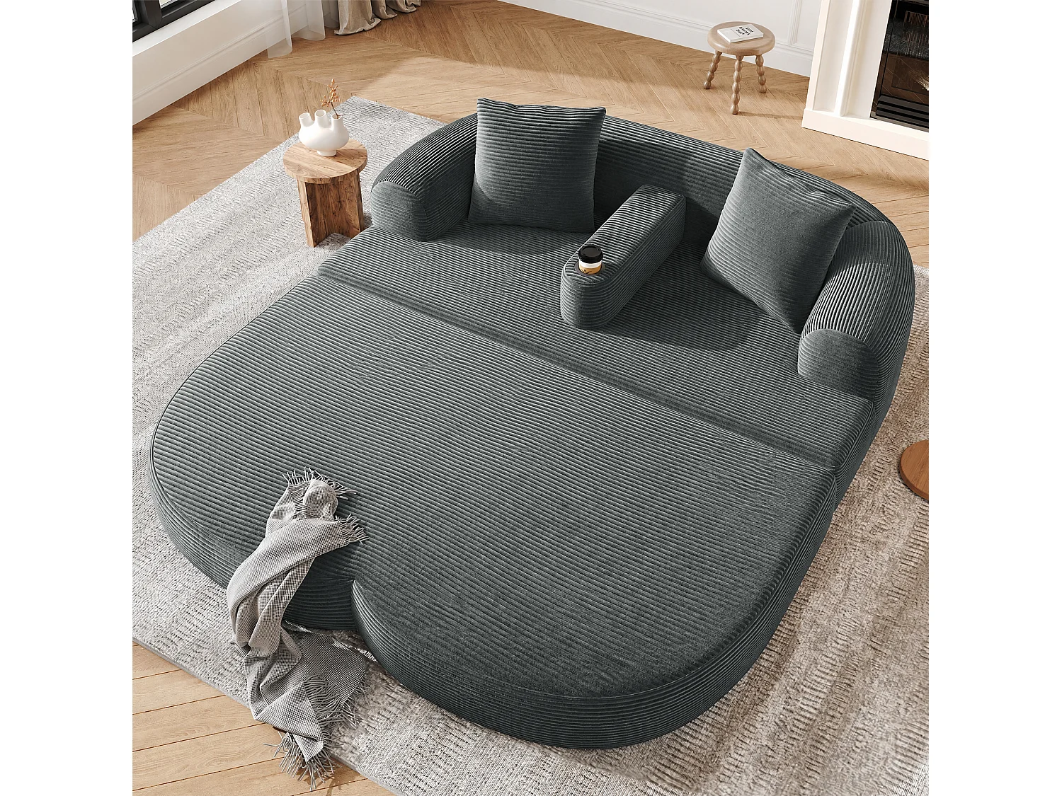 Canapé 2 places moderne en velours côtelé - Canapé lounge pliable - Accoudoirs amovibles avec porte-gobelets - Gris foncé