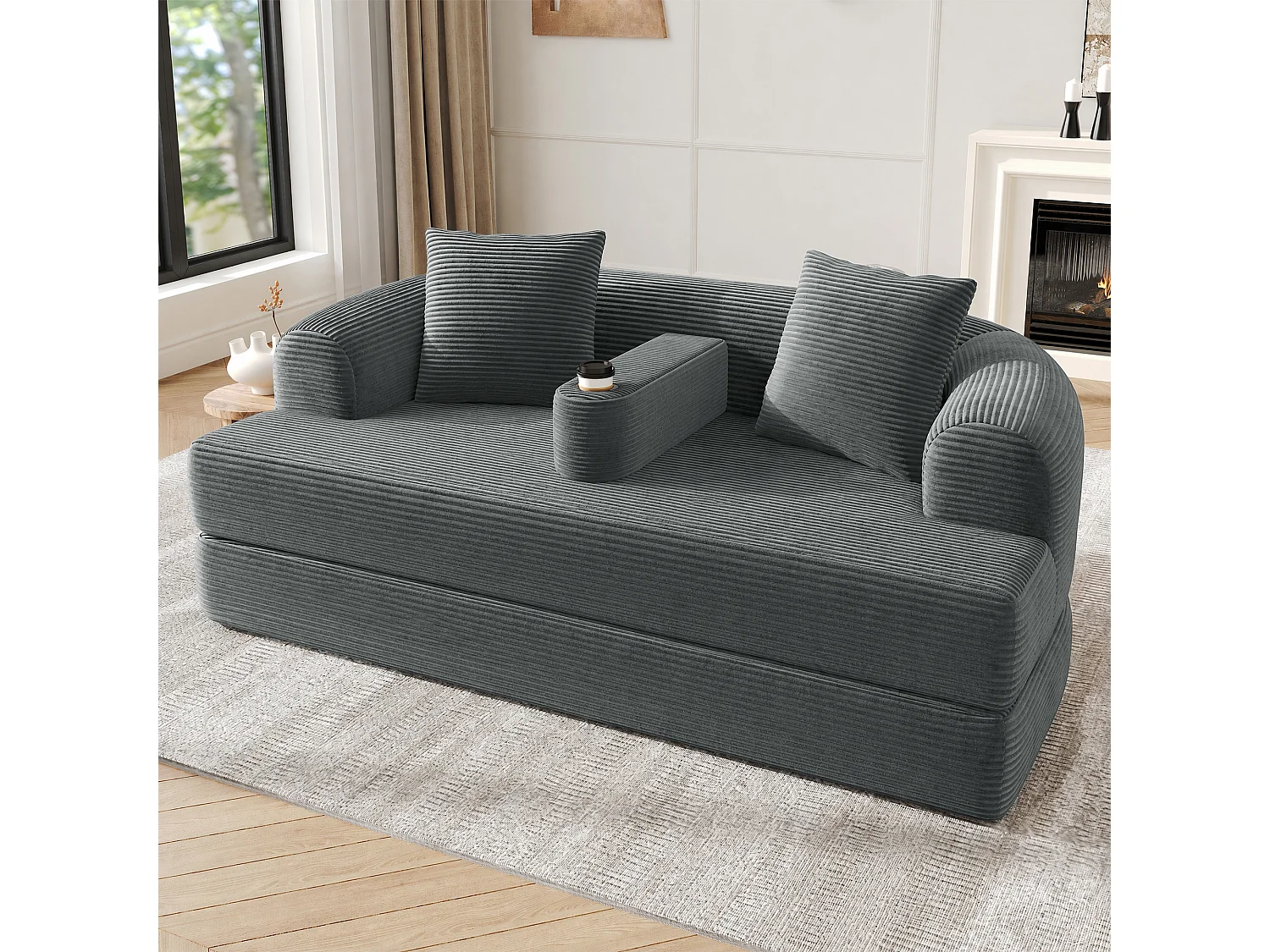 Canapé 2 places moderne en velours côtelé - Canapé lounge pliable - Accoudoirs amovibles avec porte-gobelets - Gris foncé