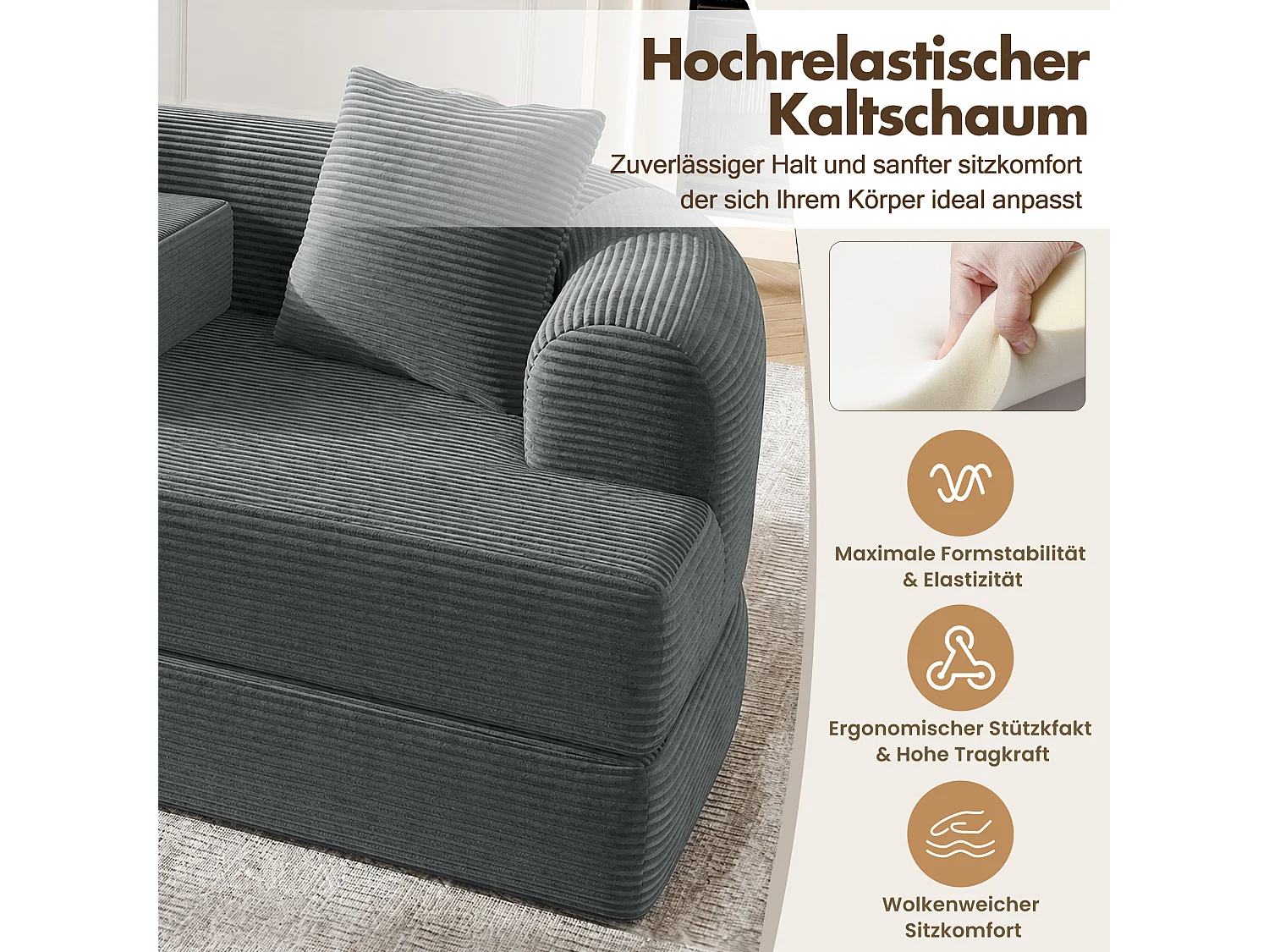 Canapé 2 places moderne en velours côtelé - Canapé lounge pliable - Accoudoirs amovibles avec porte-gobelets - Gris foncé