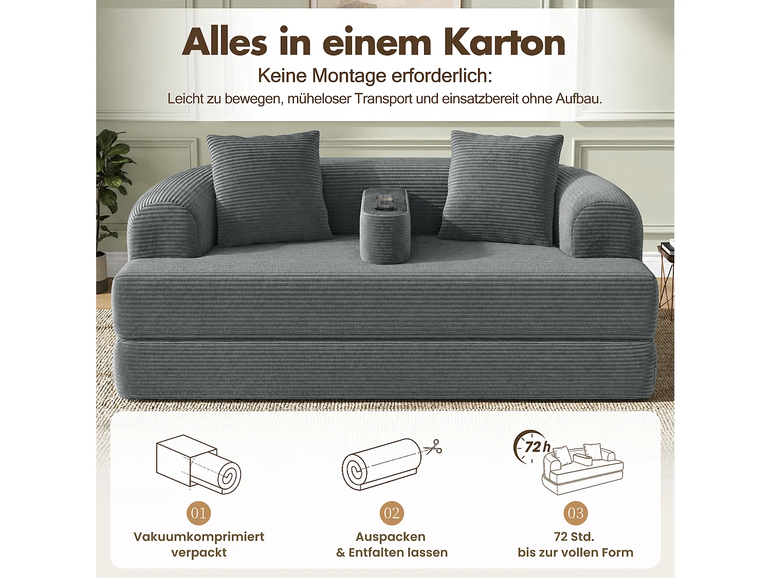 Canapé 2 places moderne en velours côtelé - Canapé lounge pliable - Accoudoirs amovibles avec porte-gobelets - Gris foncé